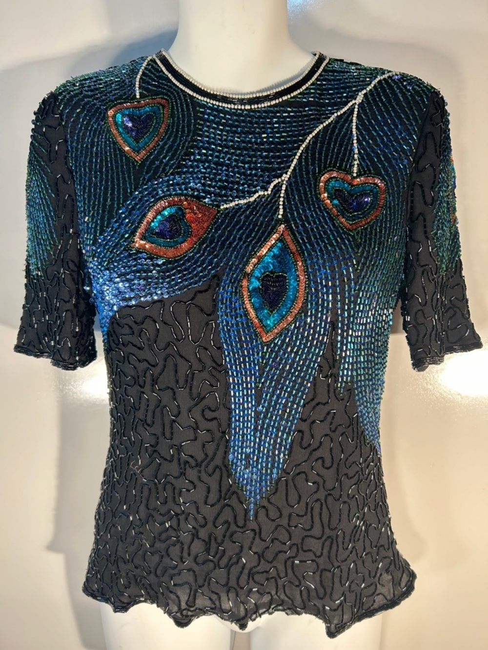 Laurence Kazar SZ L Black Sequin Peacock Beaded Top Vintage 80's Glam Fairy Core